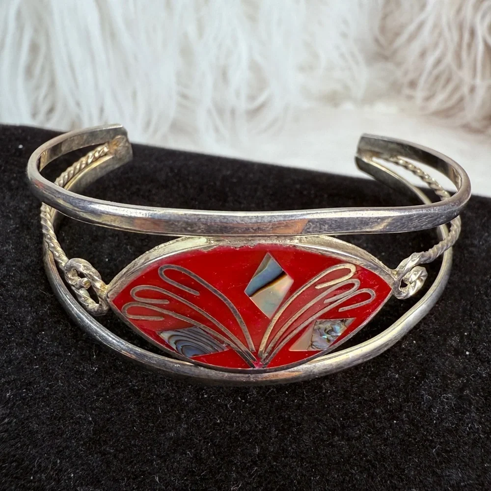 Beautiful silver signed Alpaca Mexico costume cuff, vintage bracelet